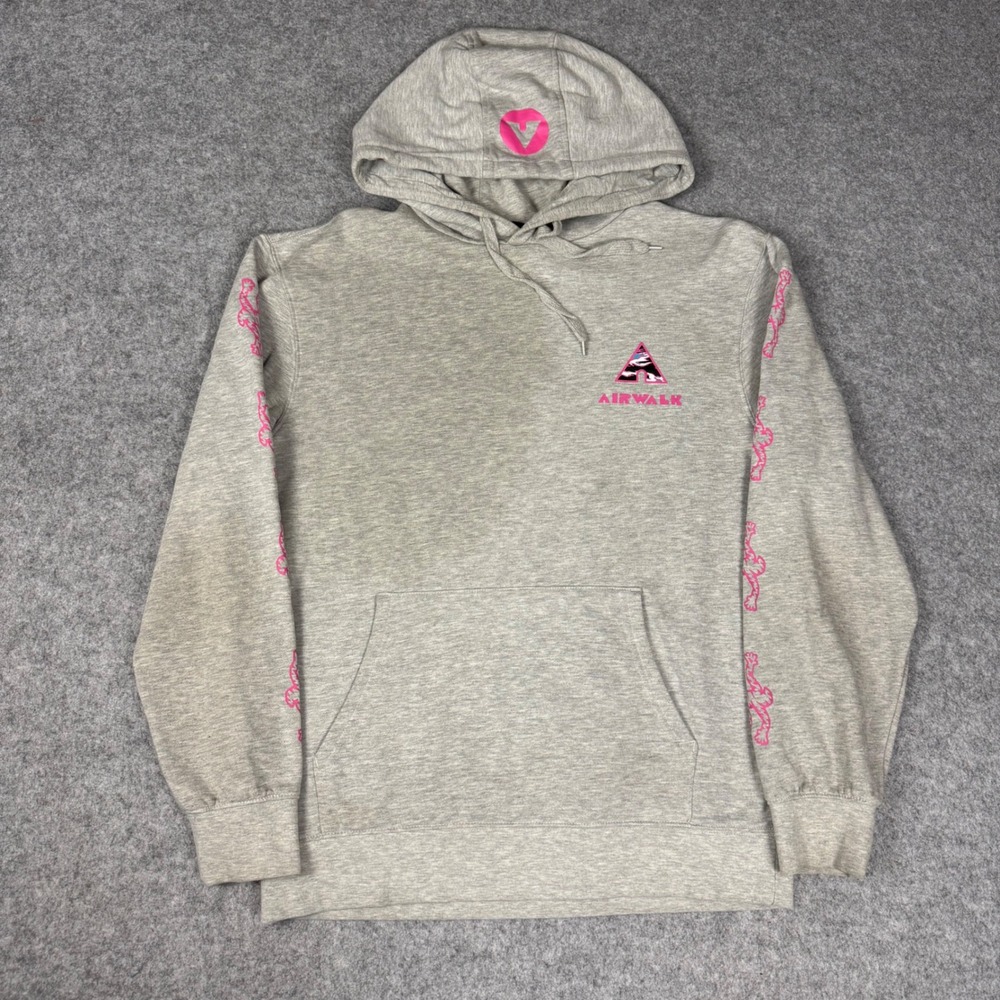 Airwalk Mens Hoodie Large Gray Pink Graphic Skate Streetwear Pullover Sweatshirt